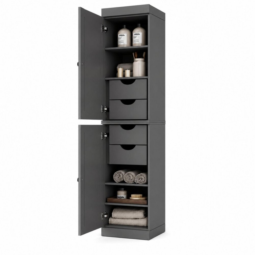 17" Gray Solid Wood Free Standing Double Door Linen Cabinet