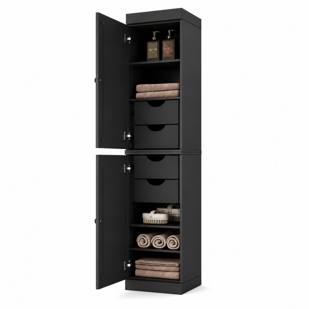 17" Black Solid Wood Free Standing Double Door Linen Cabinet