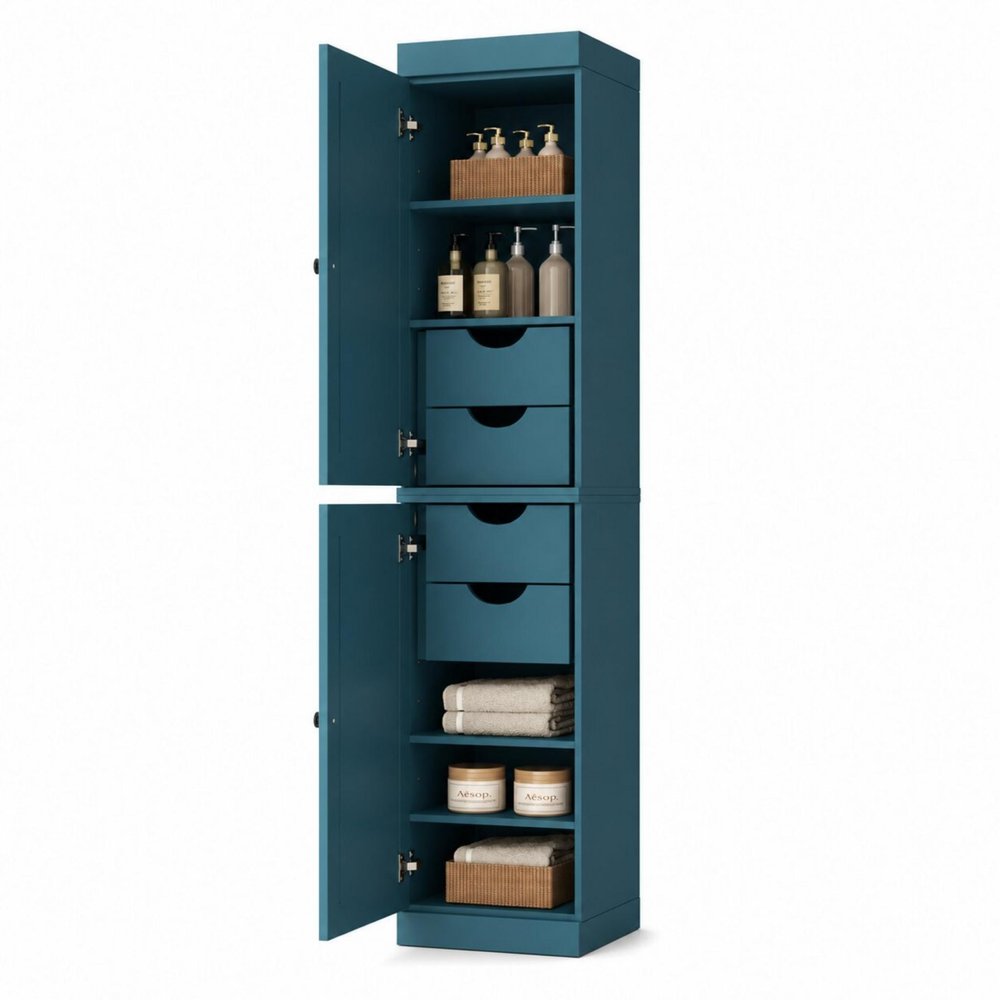 17" Teal Blue Solid Wood Free Standing Double Door Linen Cabinet