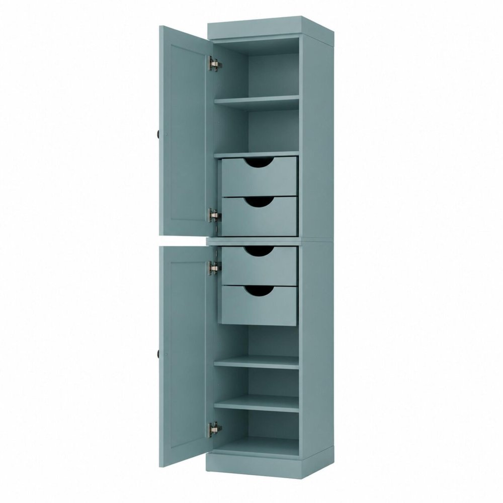 17" Aqua Solid Wood Free Standing Double Door Linen Cabinet