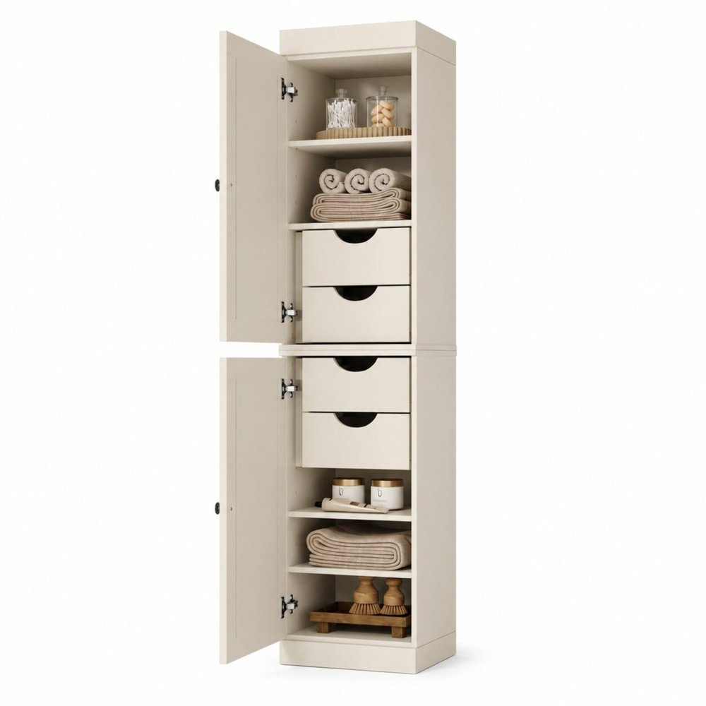 17" Off White Solid Wood Free Standing Double Door Linen Cabinet