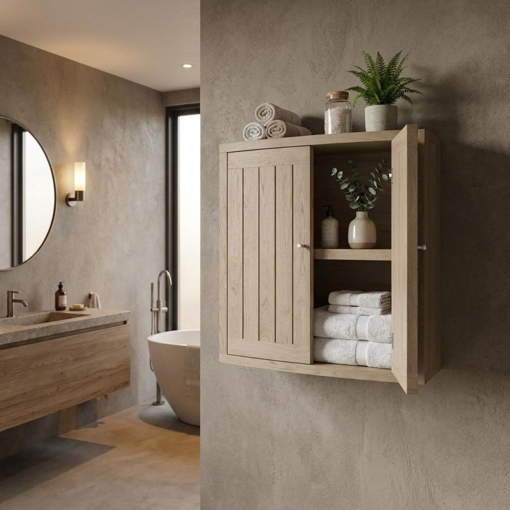 24" Natural Solid Wood Wall Mounted No Textural Detailing Double Door Bathroom Cabinet