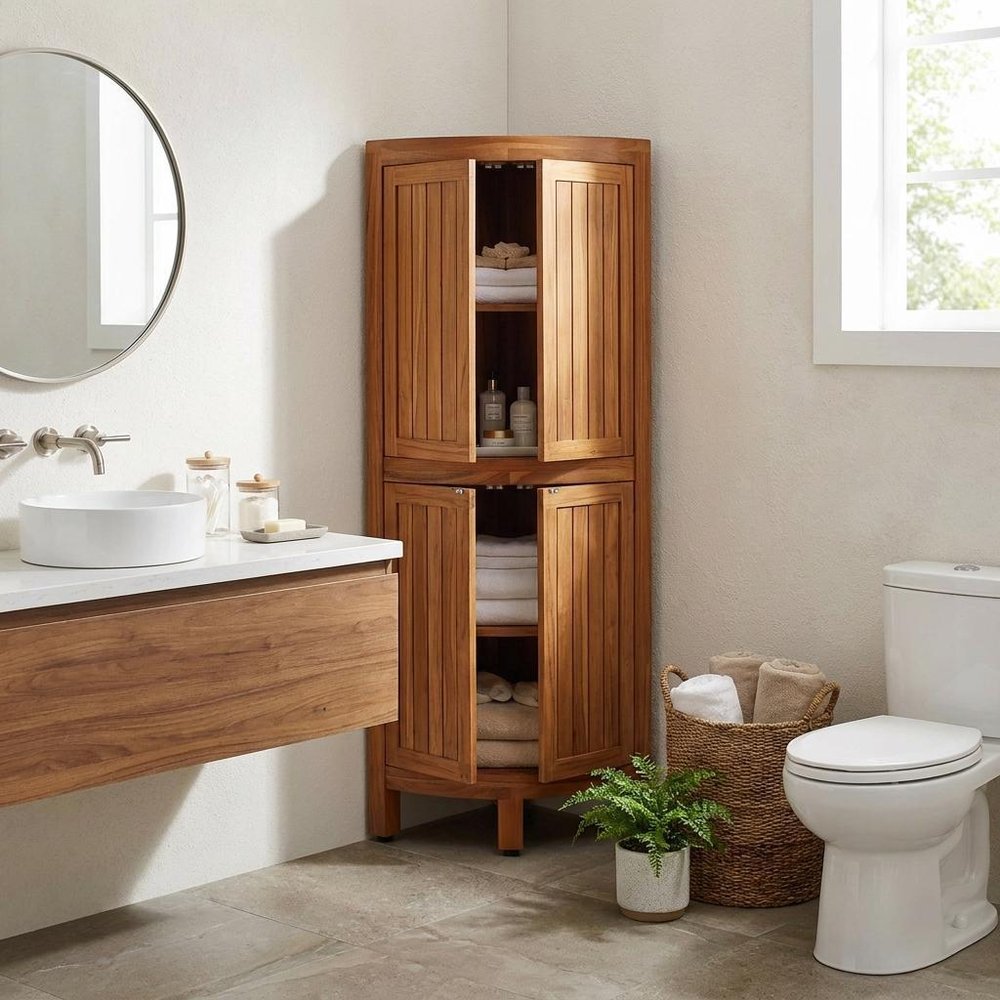 12" Brown Solid Wood Double Door Bathroom Cabinet