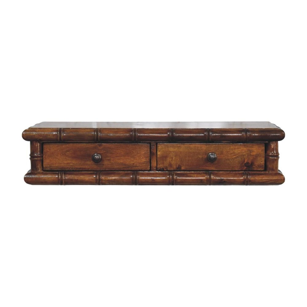 32" Chestnut Solid Wood Floating Wall Mount Console Table With Two Drawers