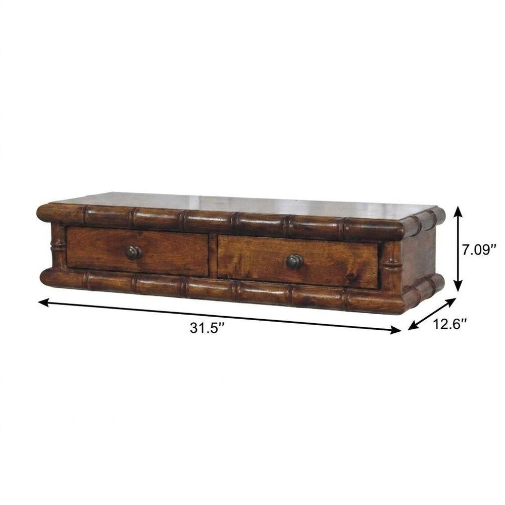 32" Chestnut Solid Wood Floating Wall Mount Console Table With Two Drawers