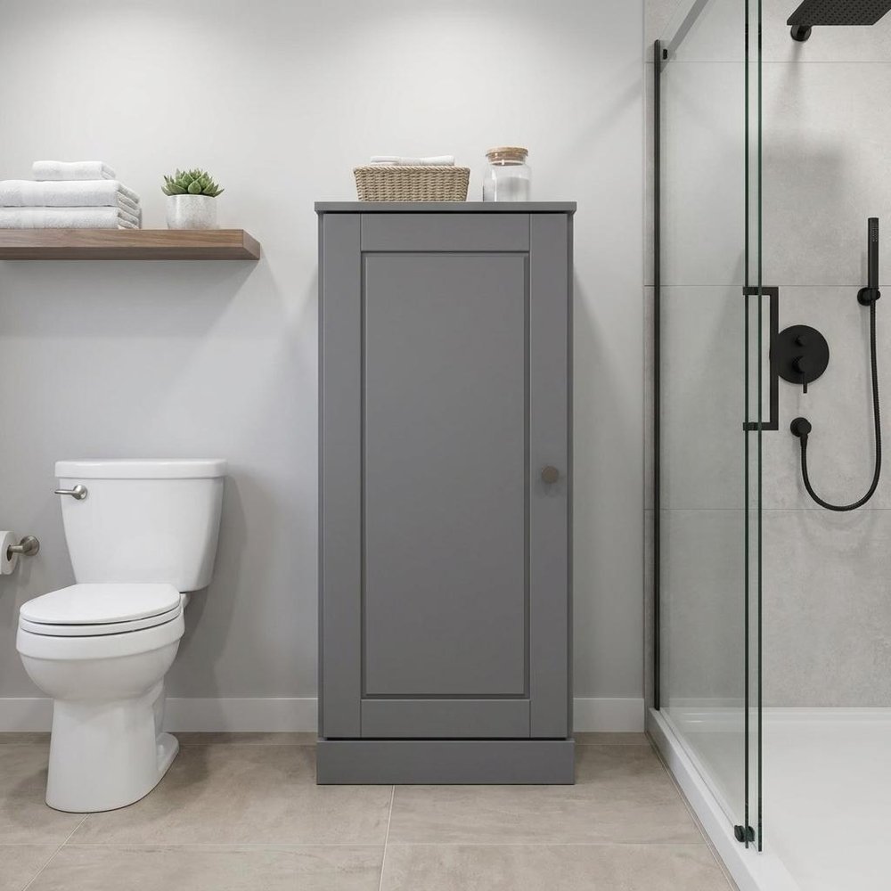 17" Gray Solid Wood Free Standing Single Door Linen Cabinet