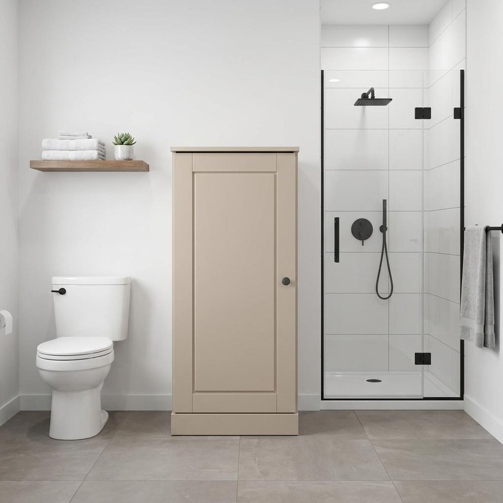 17" Beige Solid Wood Free Standing Single Door Linen Cabinet