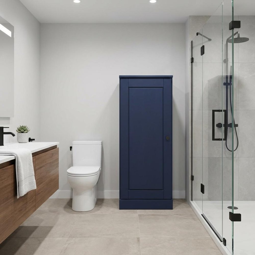 17" Navy Blue Solid Wood Free Standing Single Door Linen Cabinet
