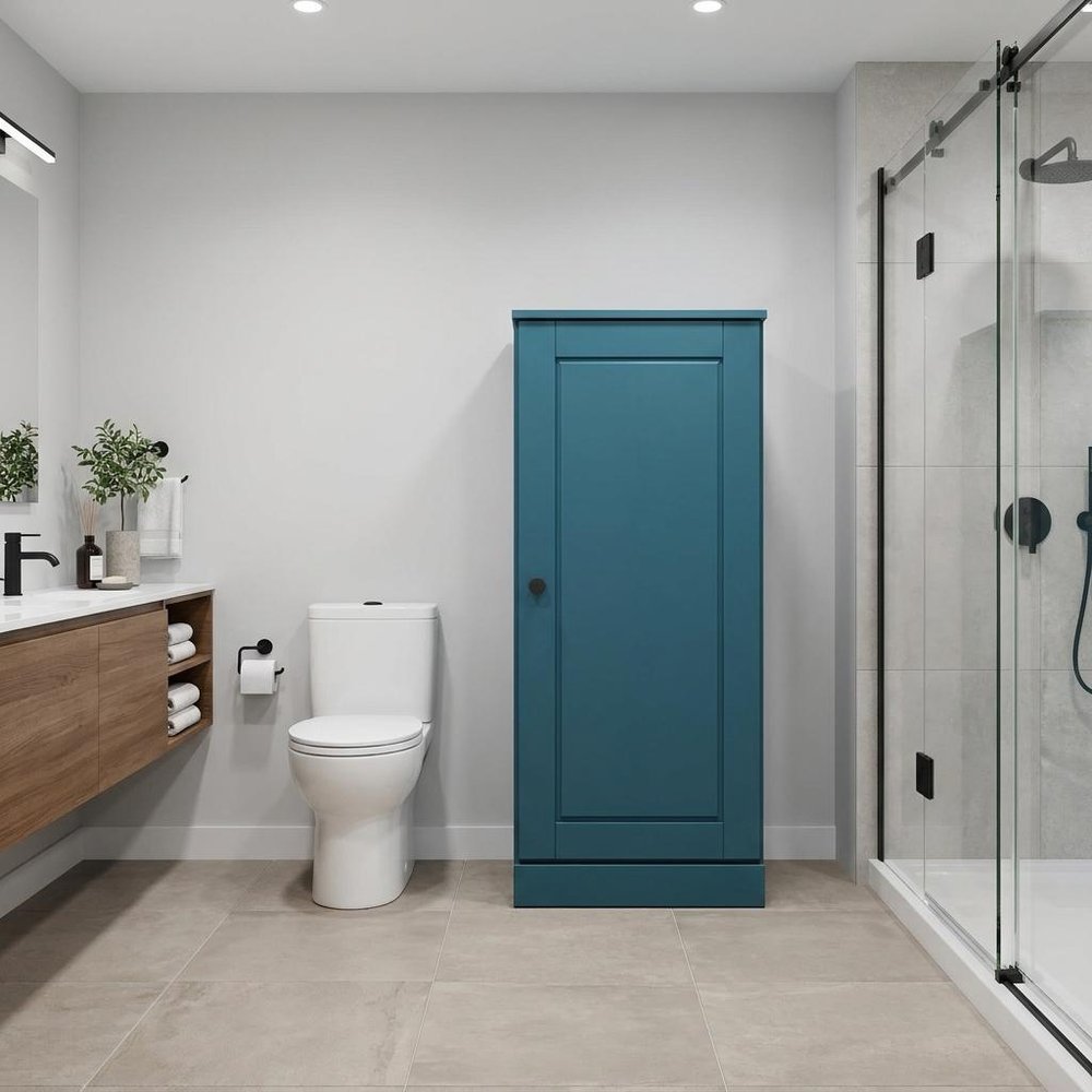 17" Teal Blue Solid Wood Free Standing Single Door Linen Cabinet