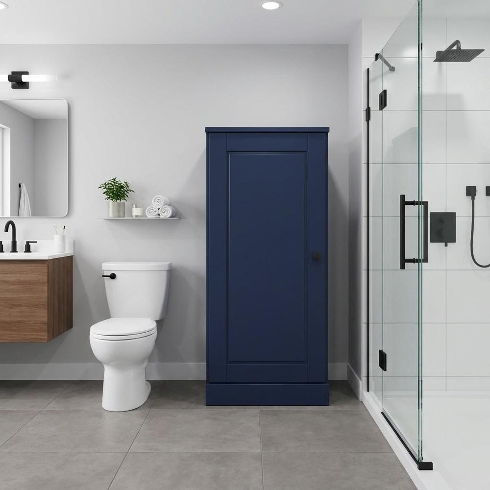 17" Navy Blue Solid Wood Free Standing Single Door Linen Cabinet