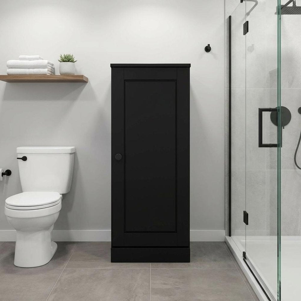 17" Black Solid Wood Free Standing Single Door Linen Cabinet