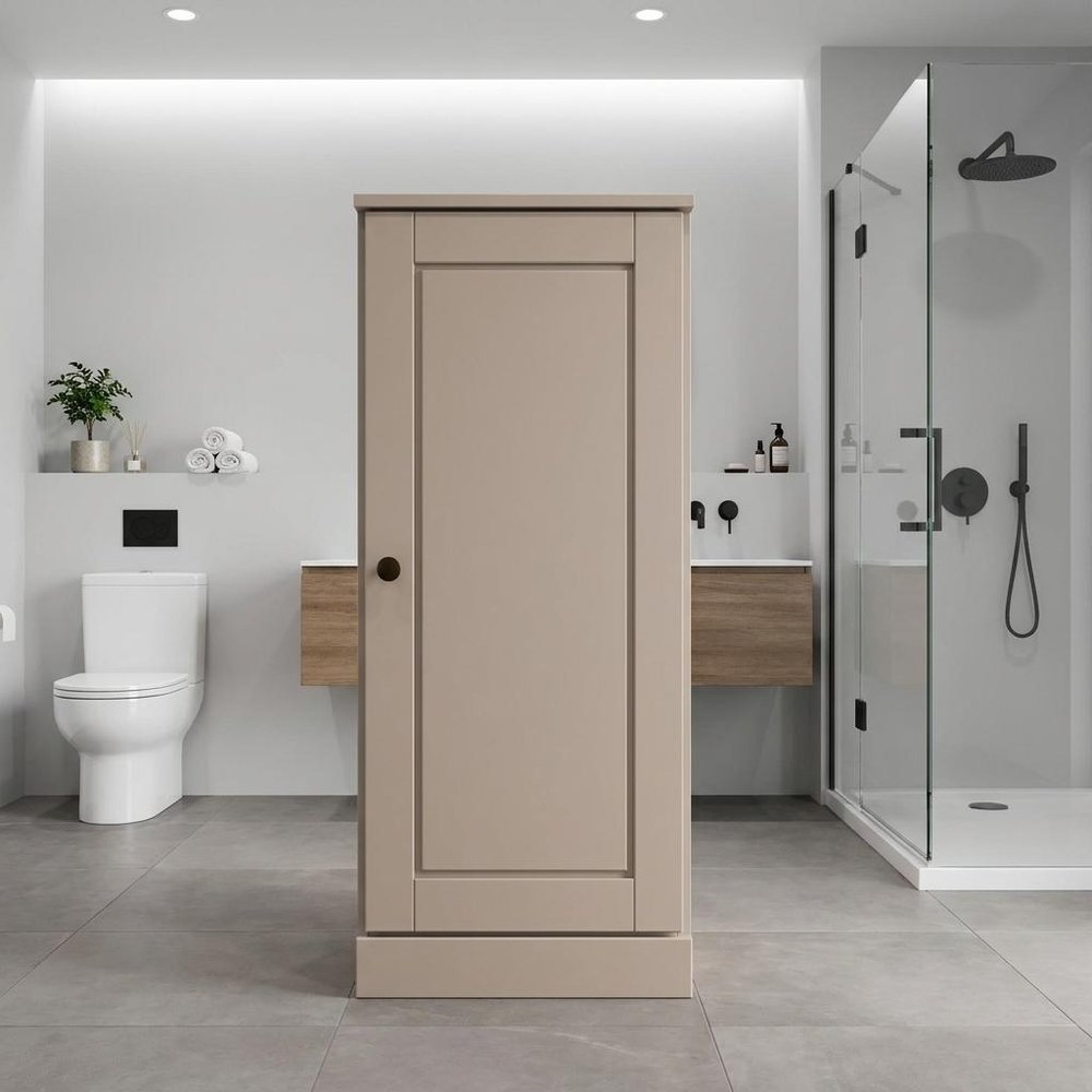 17" Beige Solid Wood Free Standing Single Door Linen Cabinet