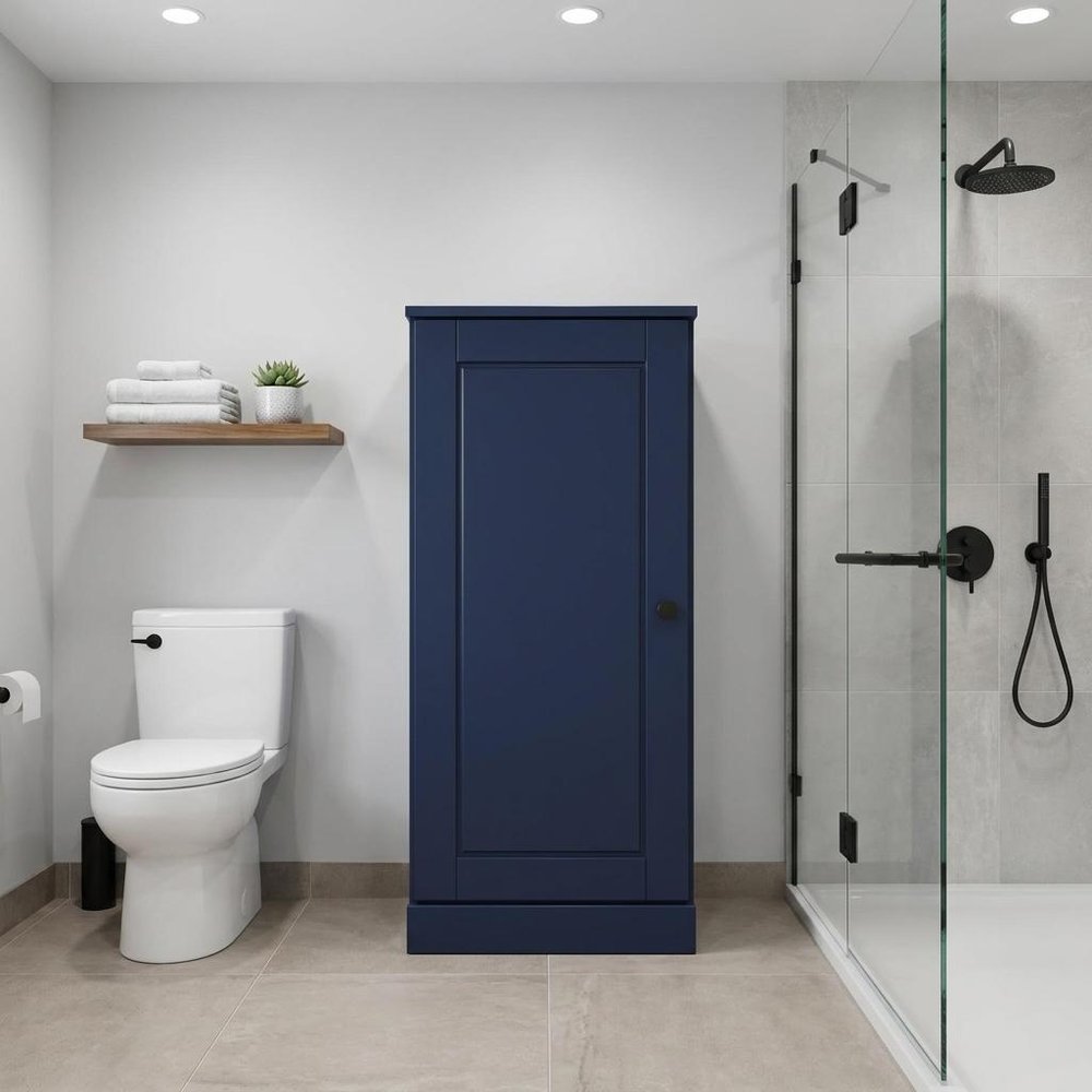 17" Navy Blue Solid Wood Free Standing Single Door Linen Cabinet