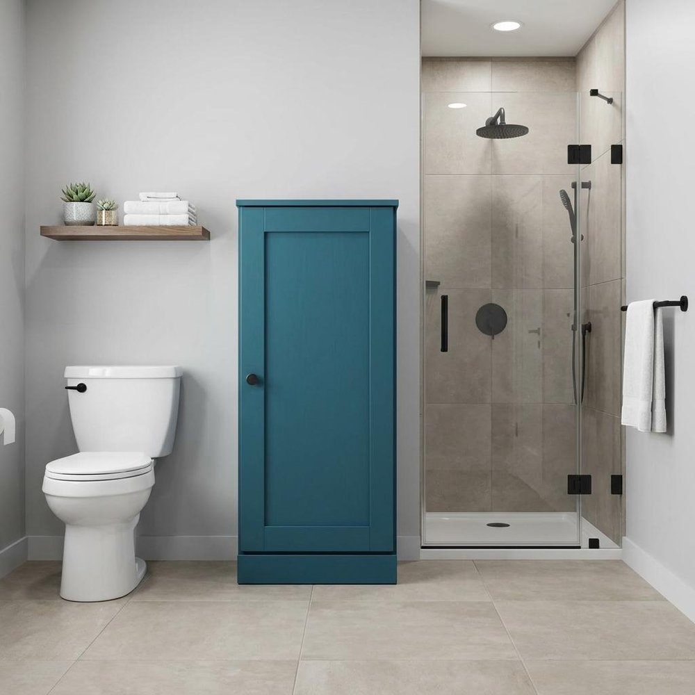 17" Teal Blue Solid Wood Free Standing Single Door Linen Cabinet