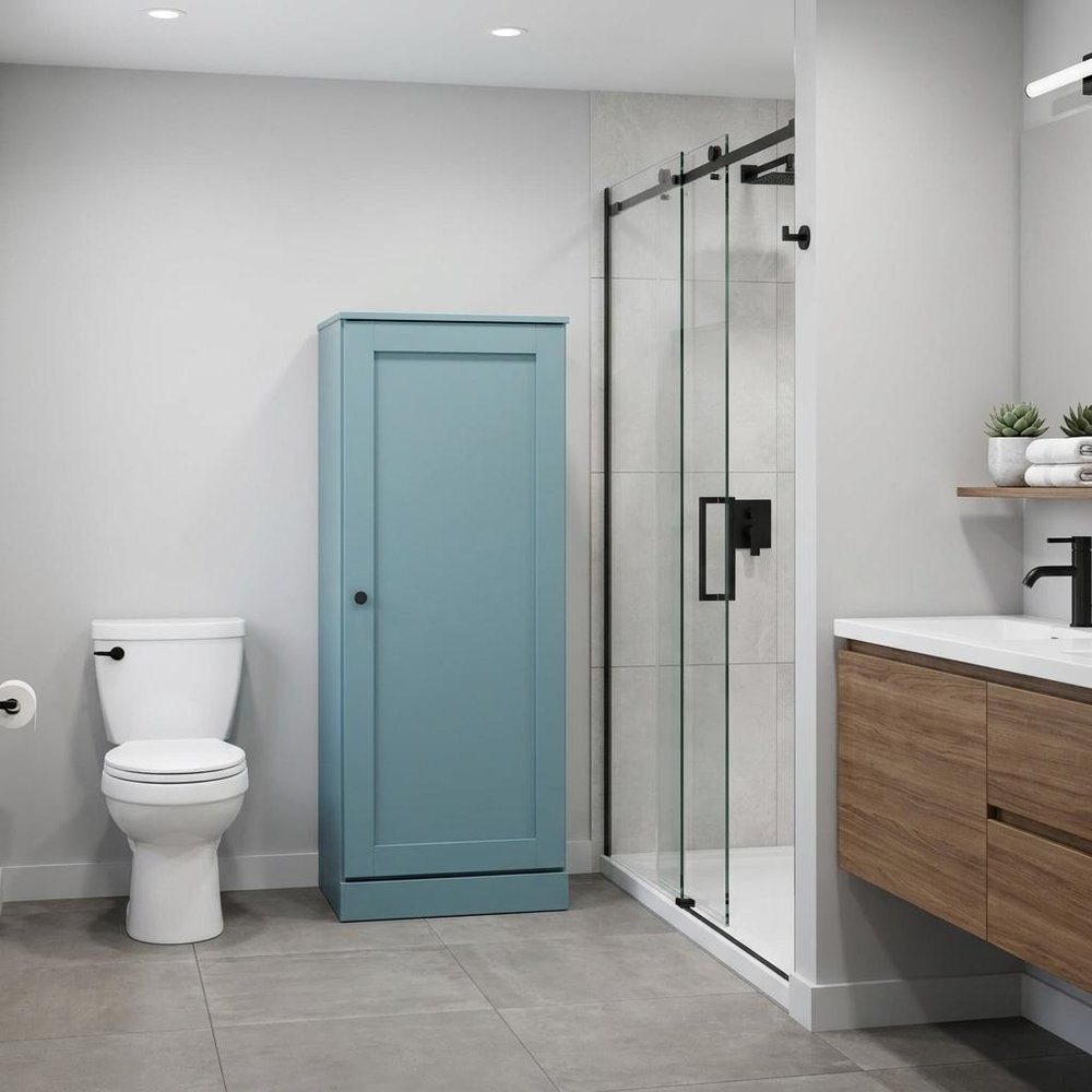 17" Aqua Solid Wood Free Standing Single Door Linen Cabinet