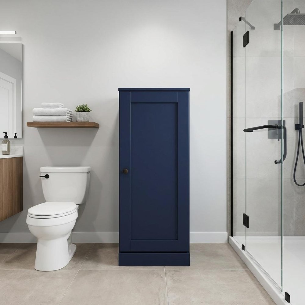 17" Navy Blue Solid Wood Free Standing Single Door Linen Cabinet