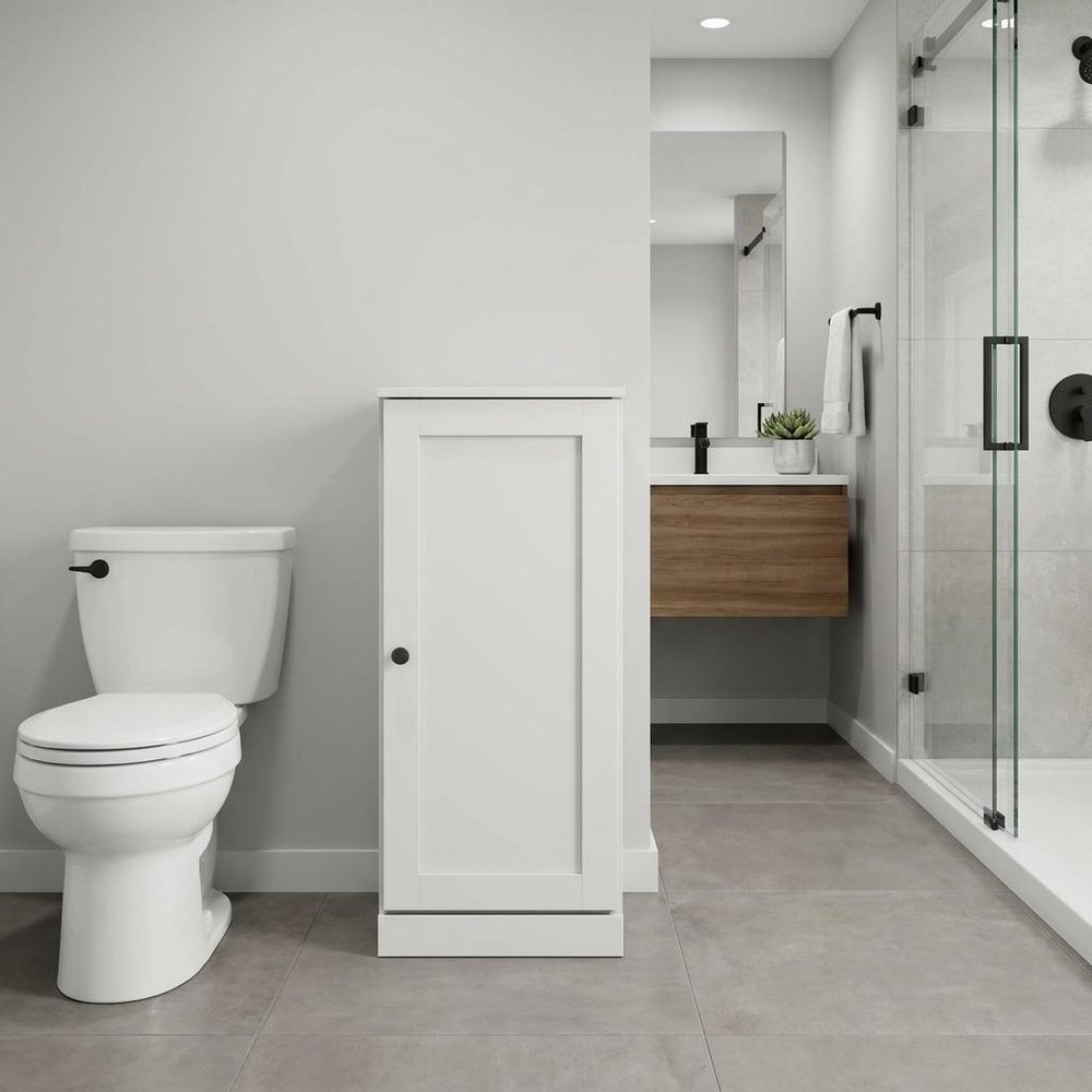 17" Off White Solid Wood Free Standing Single Door Linen Cabinet
