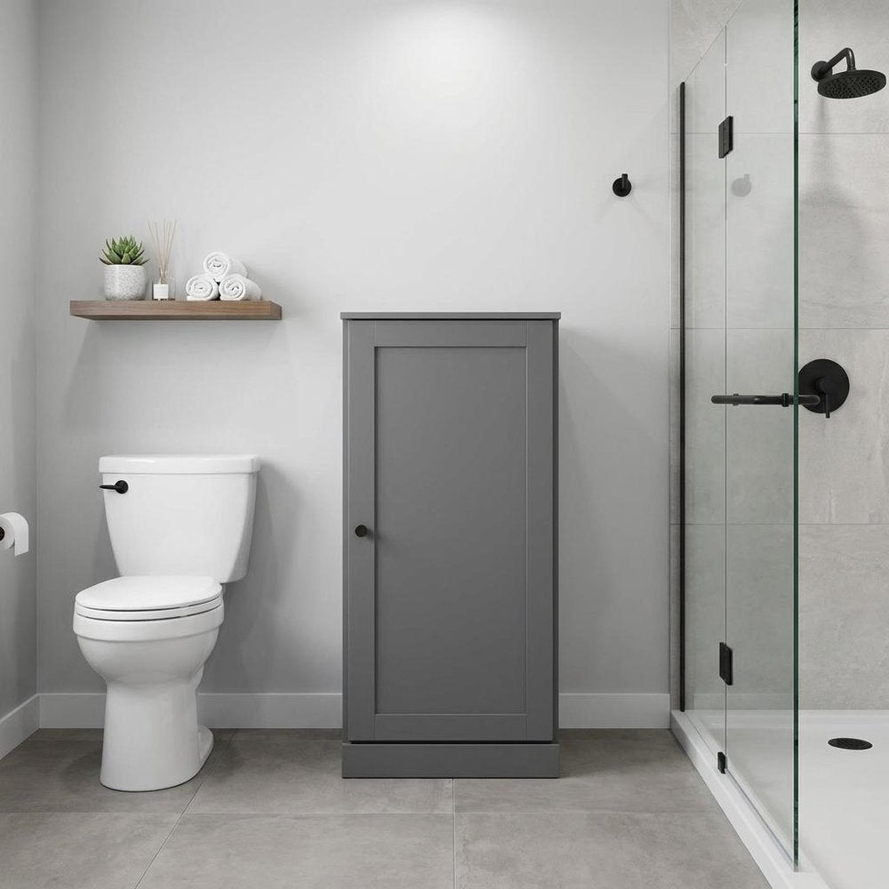 17" Gray Solid Wood Free Standing Single Door Linen Cabinet