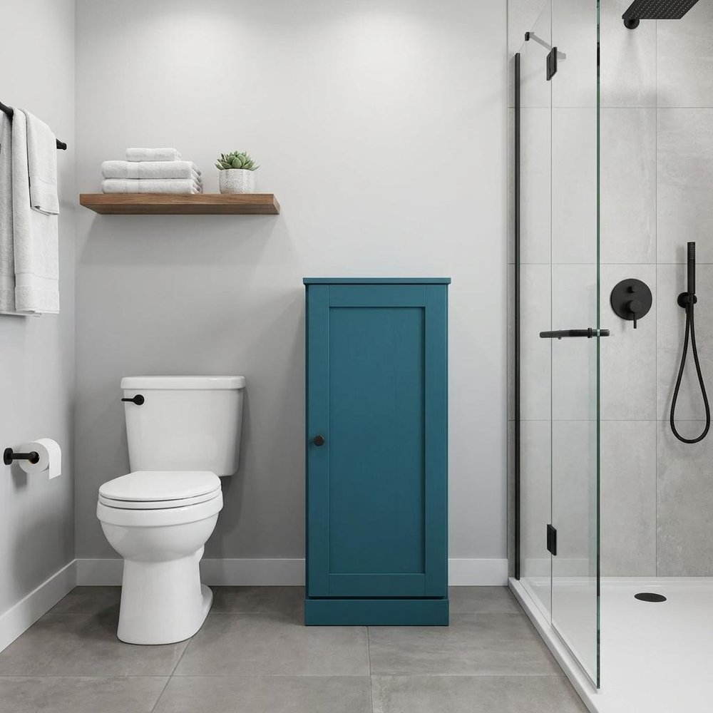 17" Teal Blue Solid Wood Free Standing Single Door Linen Cabinet