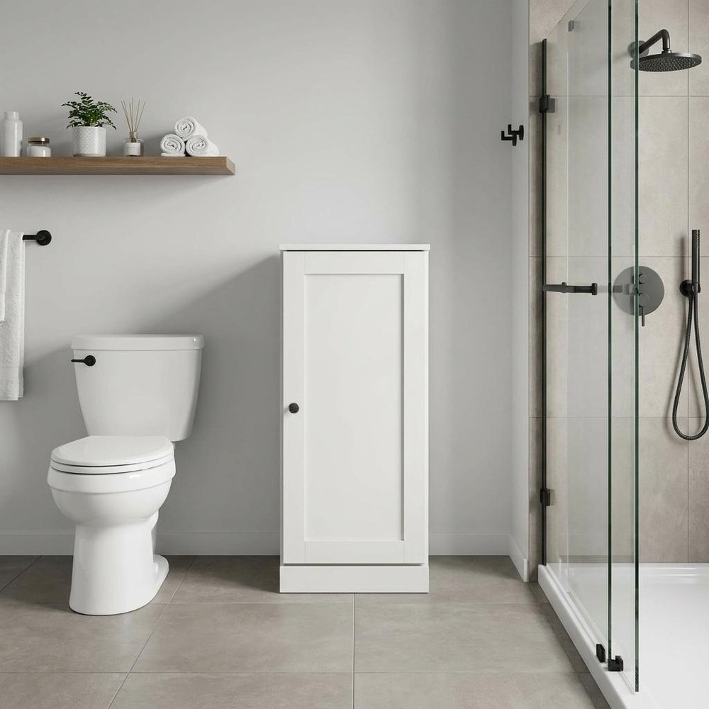 17" Off White Solid Wood Free Standing Single Door Linen Cabinet