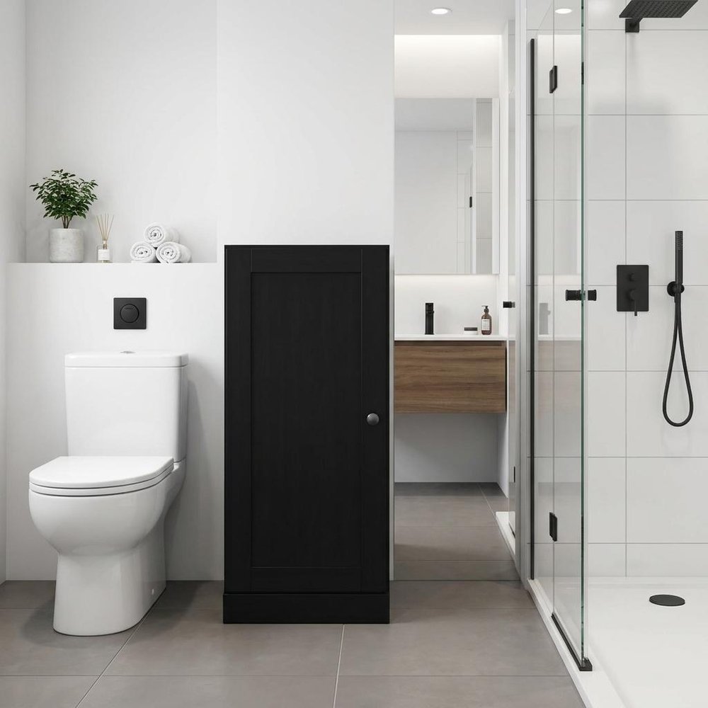 17" Black Solid Wood Free Standing Single Door Linen Cabinet