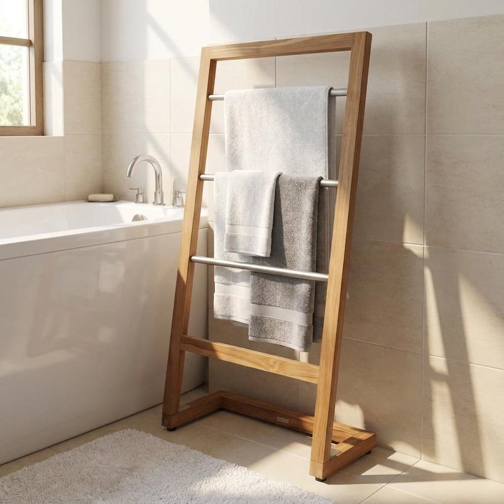 45" Brown And Silver Stainless Steel And Teak Towel Stand