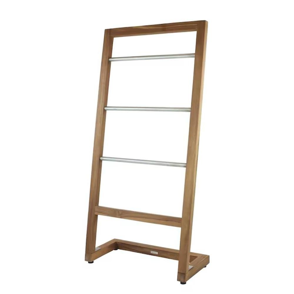 45" Brown And Silver Stainless Steel And Teak Towel Stand
