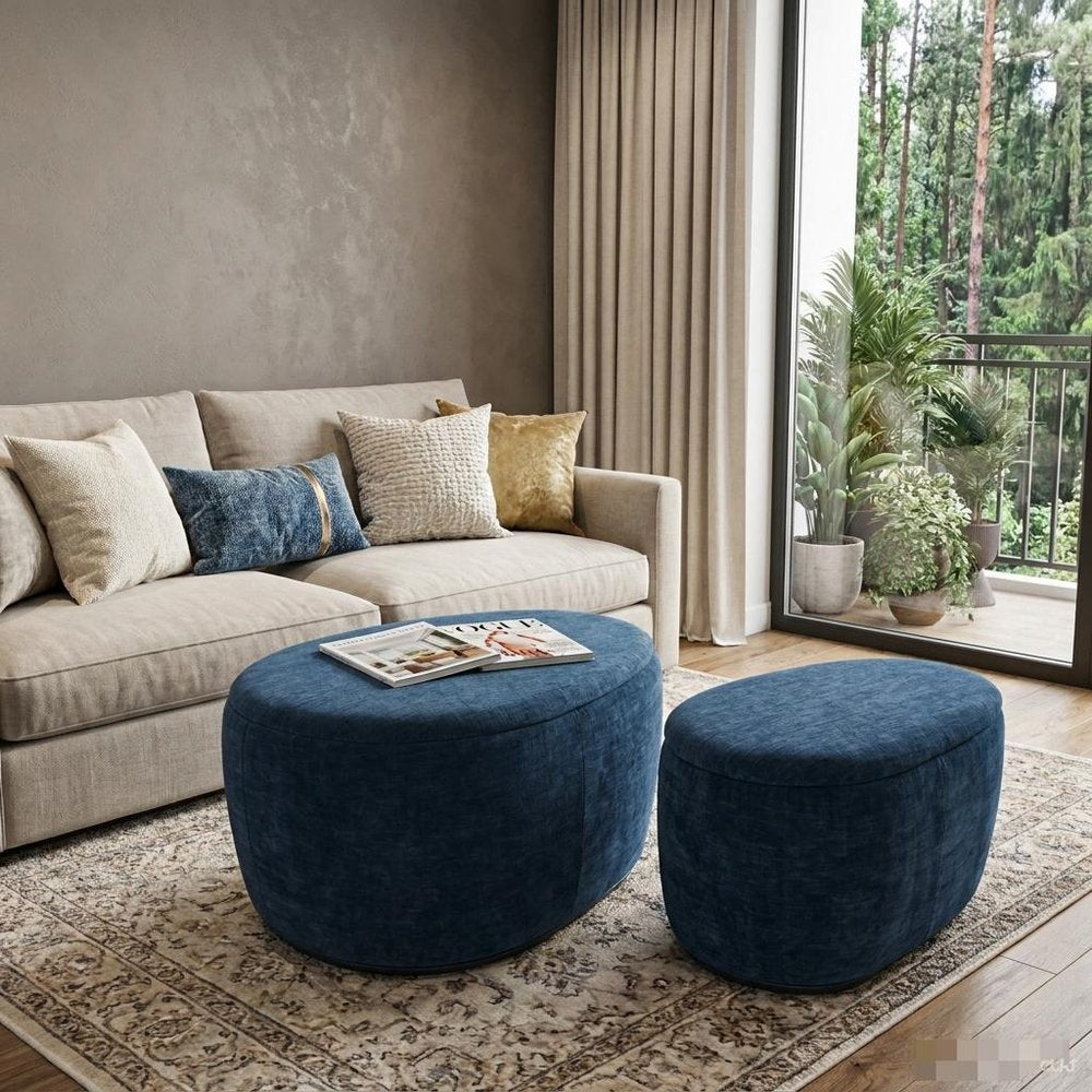 34" Set of Two Gold Chenille Oval Ottoman With Storage