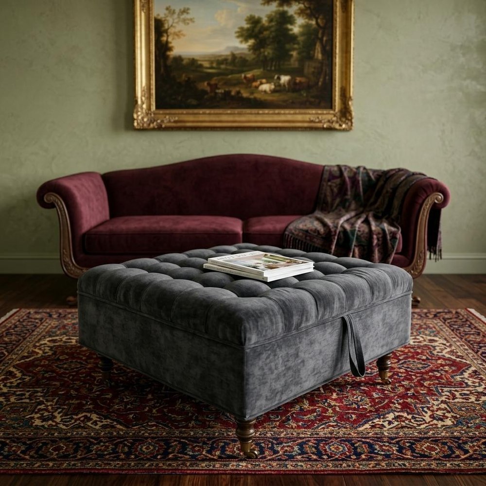 34" Gray And Black Rolling Chenille Tufted Ottoman With Storage