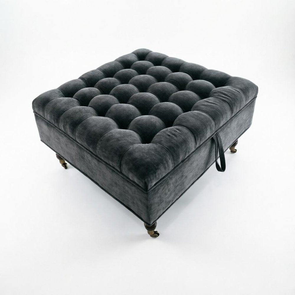 34" Gray And Black Rolling Chenille Tufted Ottoman With Storage