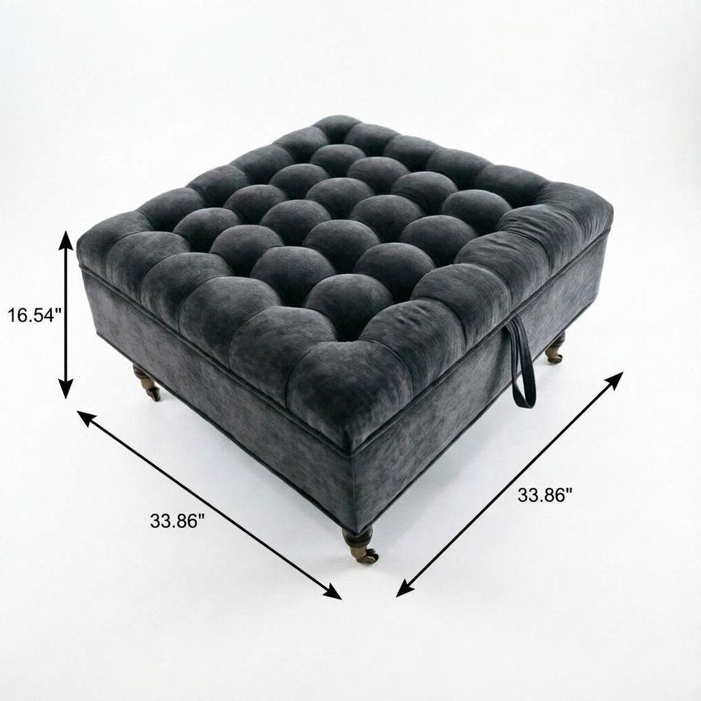 34" Gray And Black Rolling Chenille Tufted Ottoman With Storage