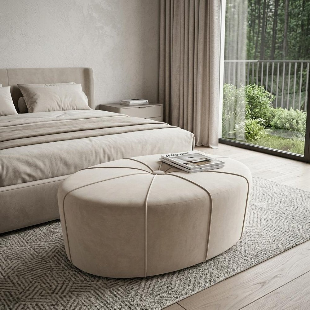 48" Cream and Black Cotton Blend and Linen Blend Tufted Oval Footstool