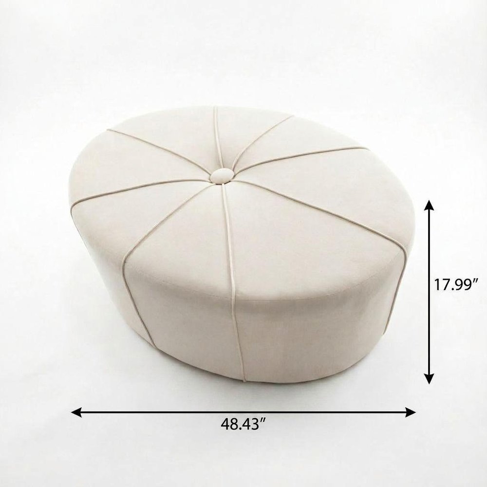 48" Cream and Black Cotton Blend and Linen Blend Tufted Oval Footstool