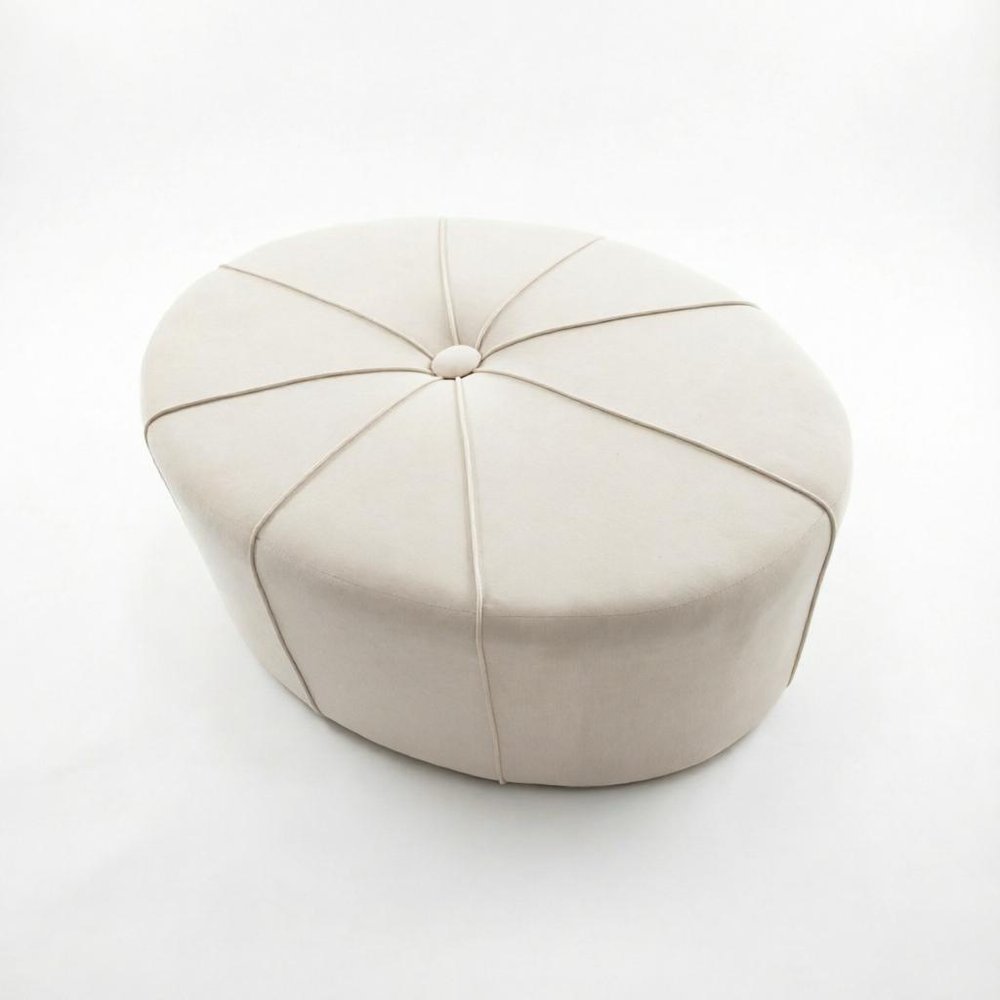 48" Cream and Black Cotton Blend and Linen Blend Tufted Oval Footstool