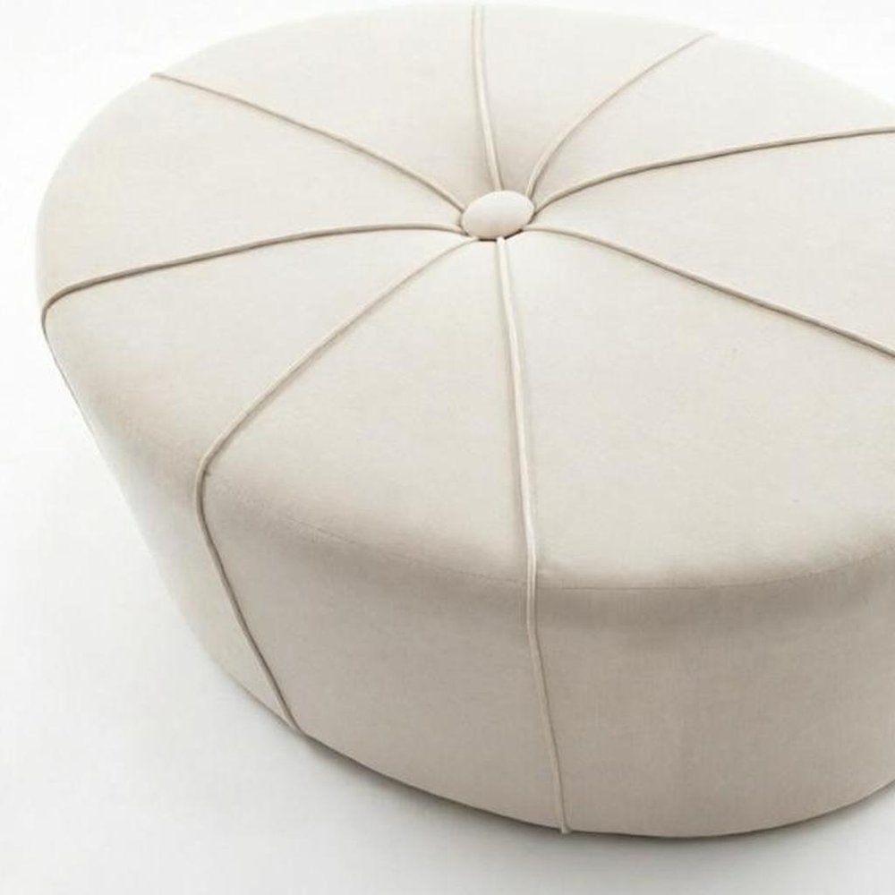 48" Cream and Black Cotton Blend and Linen Blend Tufted Oval Footstool