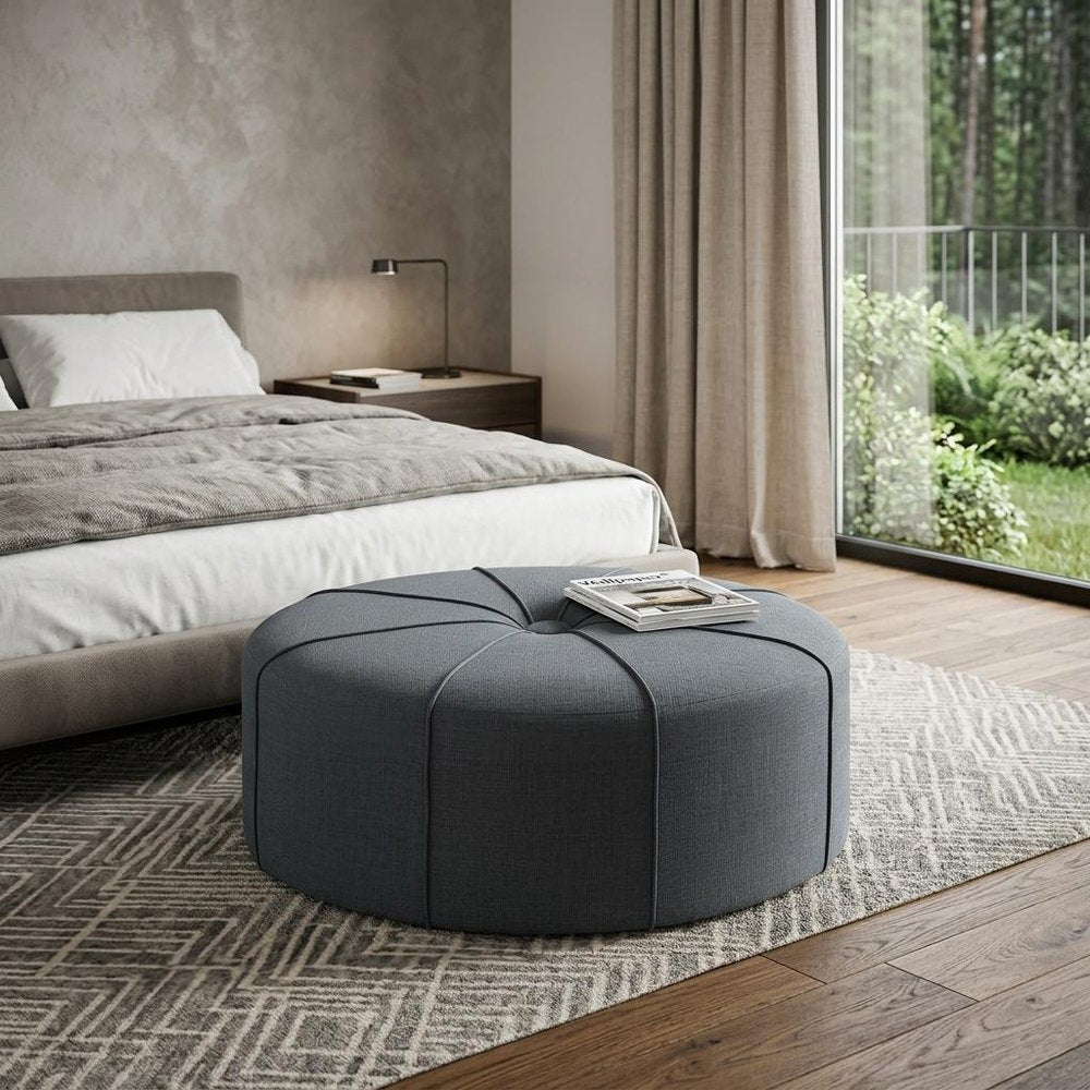 48" Cream and Black Cotton Blend and Linen Blend Tufted Oval Footstool