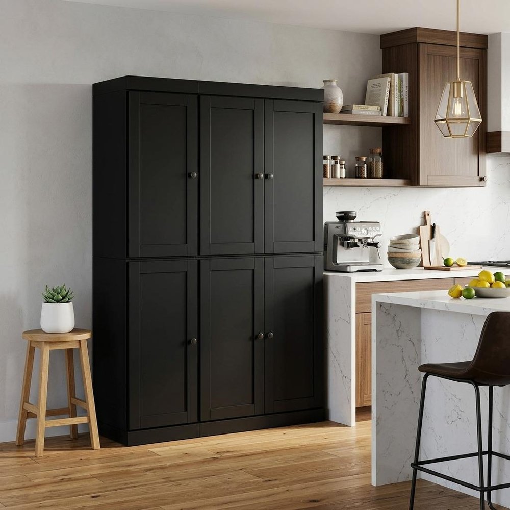 72" Black Solid Wood 8 Pantry Or Storage Closet