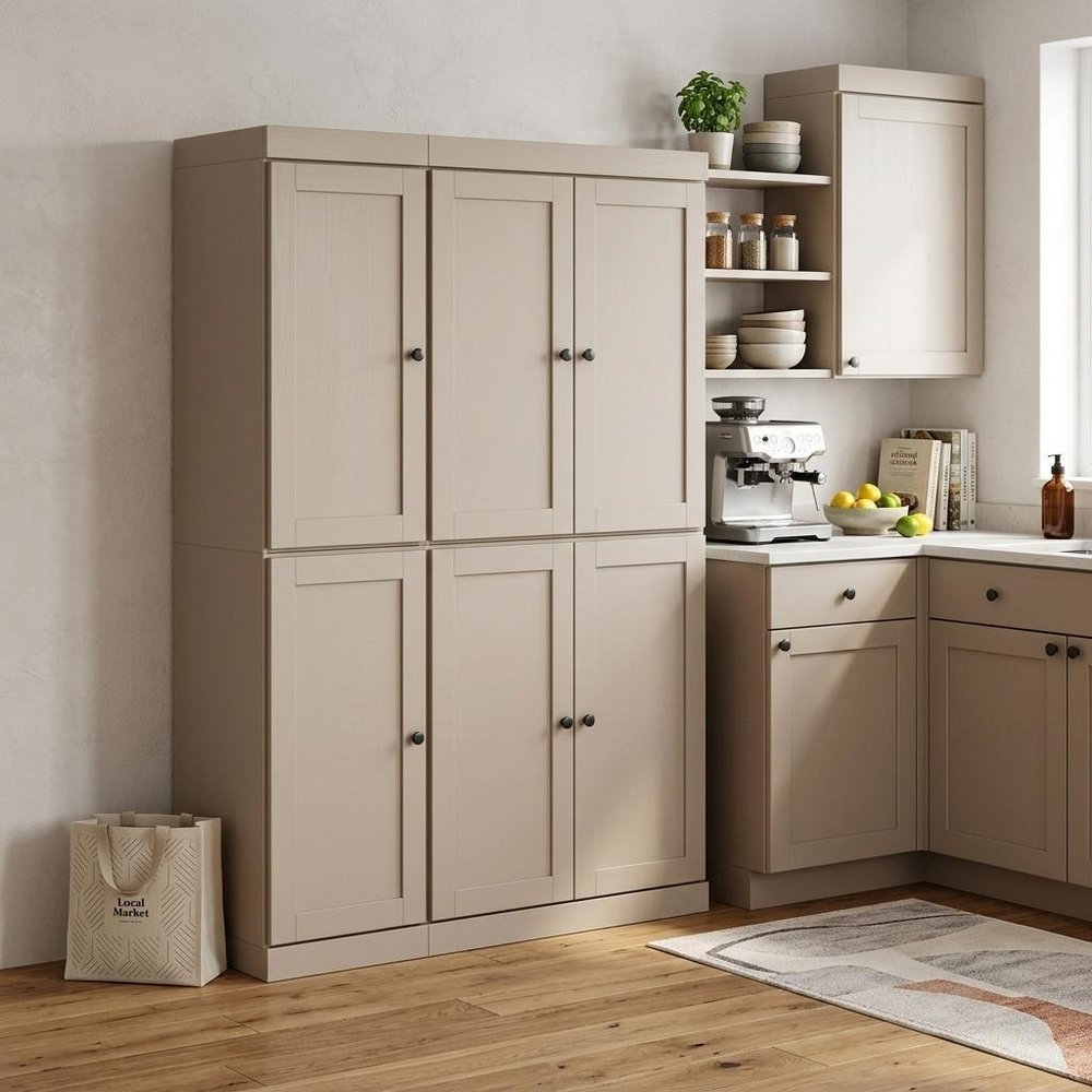 72" Beige Solid Wood 8 Pantry Or Storage Closet