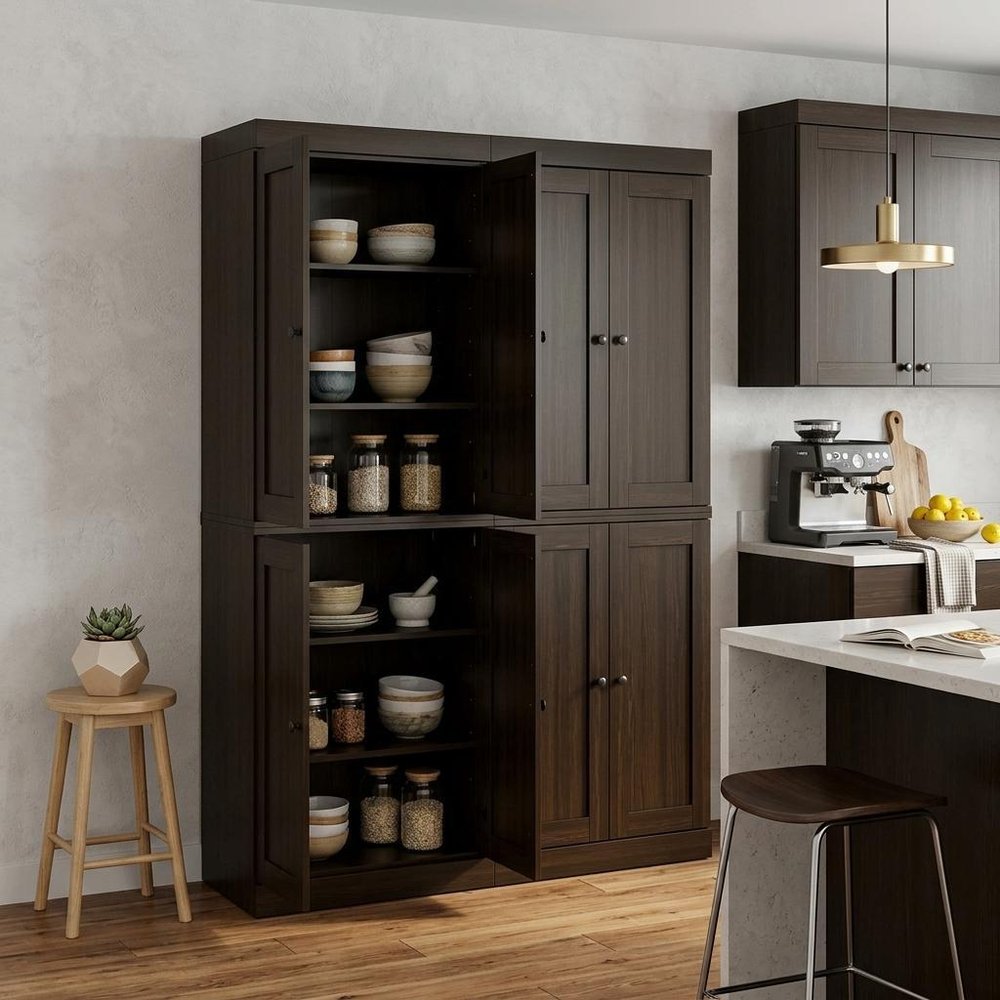 72" Espresso Solid Wood 8 Pantry Or Storage Closet