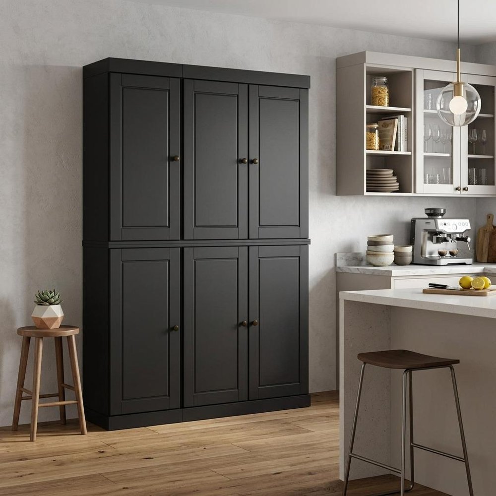 72" Black Solid Wood 8 Pantry Or Storage Closet