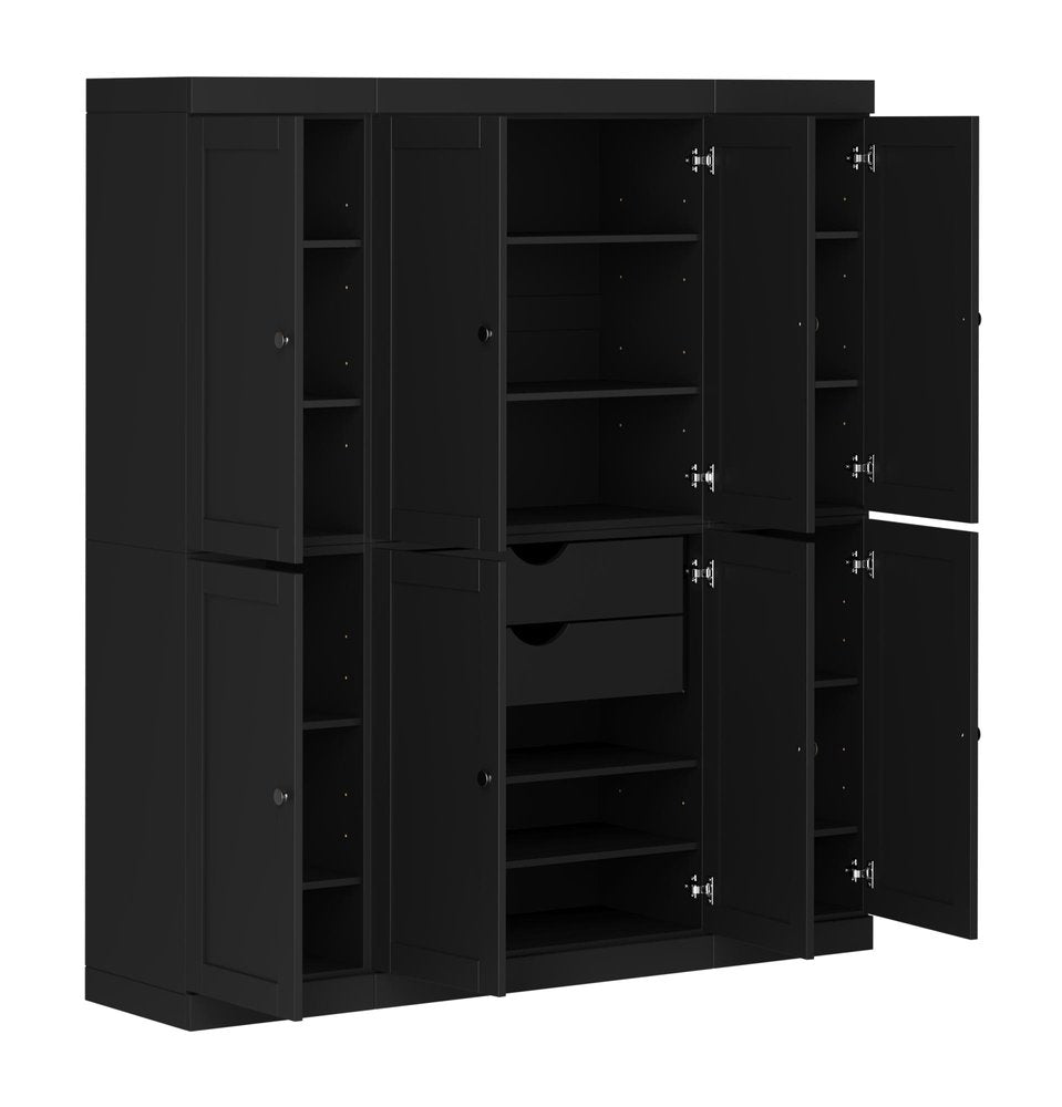 72" Black Solid Wood 8 Two Drawer Pantry Or Storage Closet
