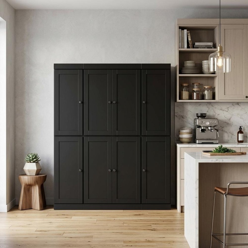 72" Black Solid Wood 8 Two Drawer Pantry Or Storage Closet