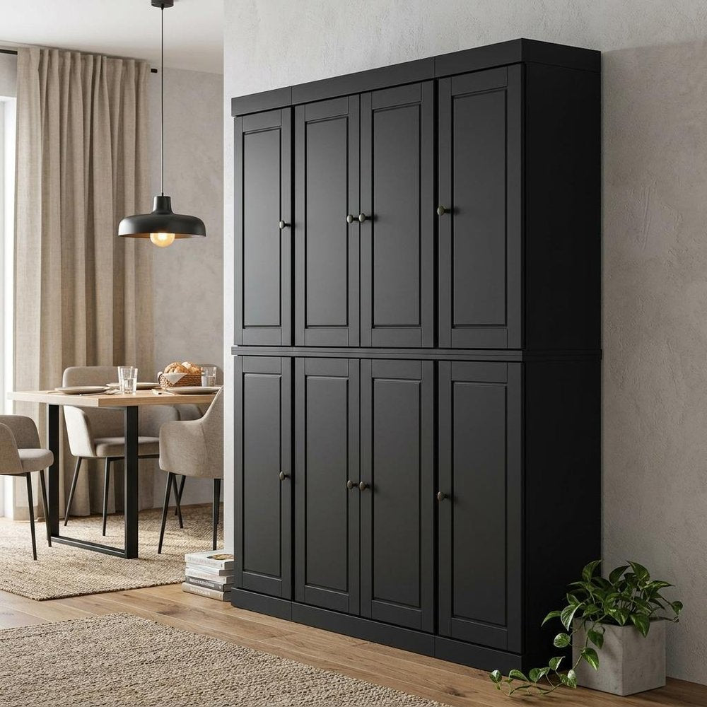 72" Black Solid Wood 8 Pantry Or Storage Closet
