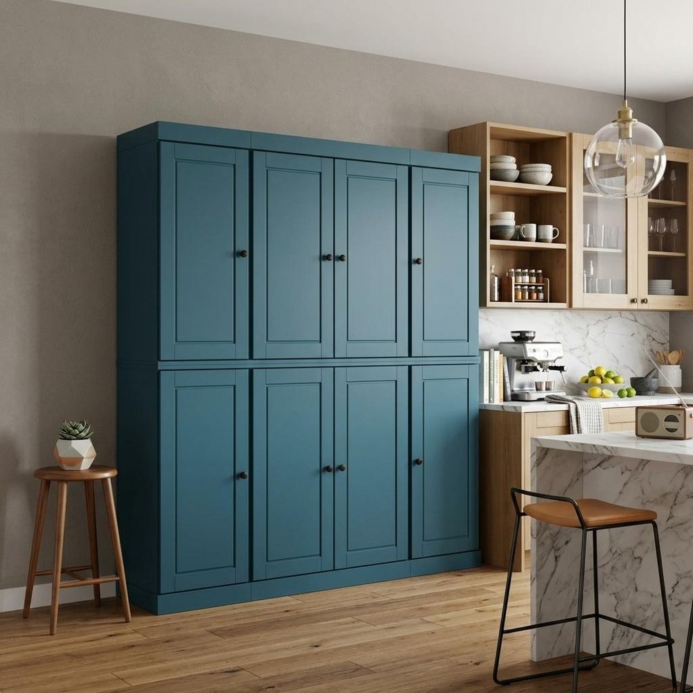 72" Teal Blue Solid Wood 8 Pantry Or Storage Closet