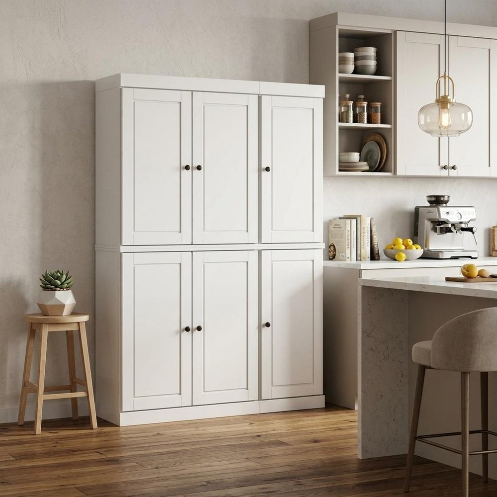 72" White Solid Wood Six Door Two Drawer Pantry Or Storage Closet