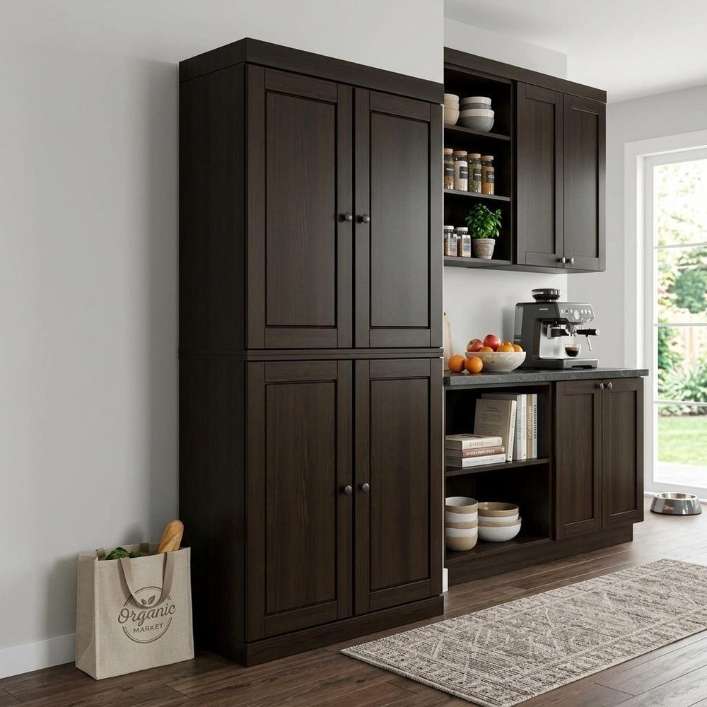 72" Espresso Solid Wood Four Door Pantry Or Storage Closet
