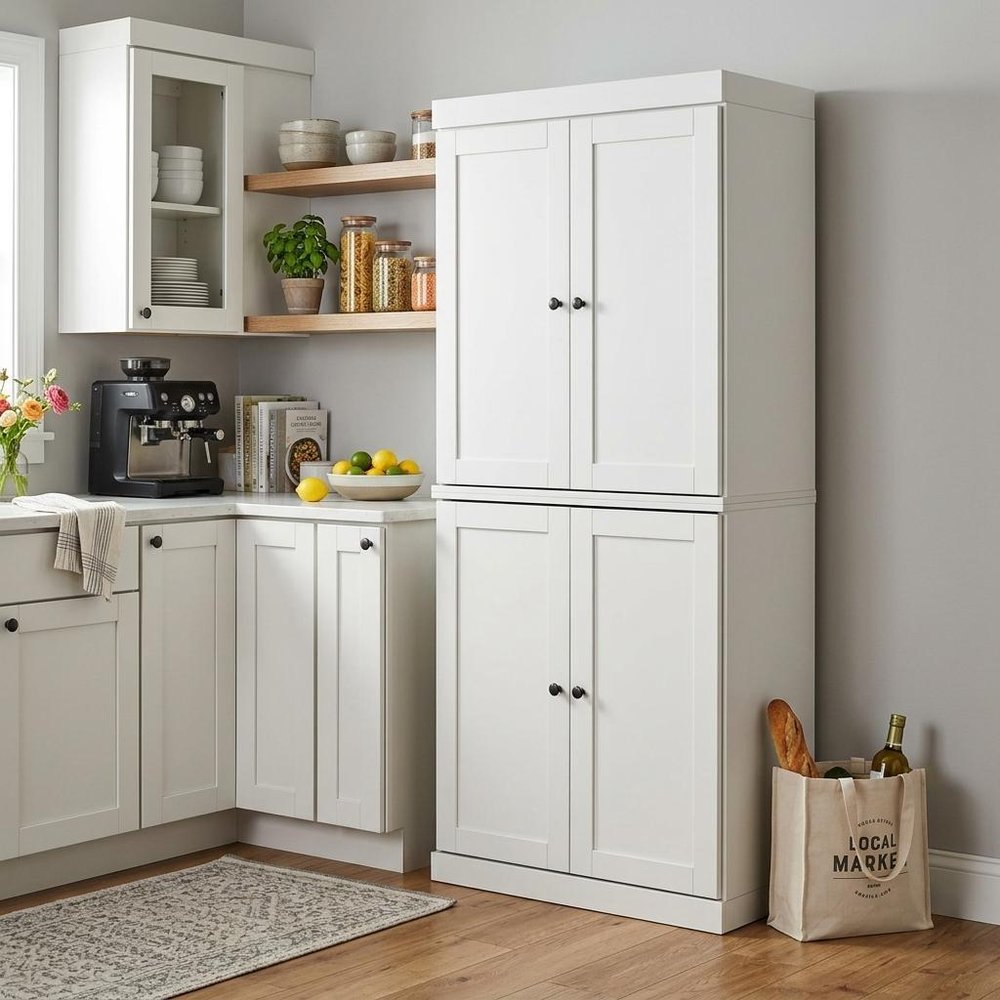72" Off White Solid Wood Four Door Pantry Or Storage Closet