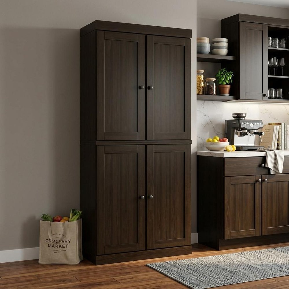 72" Espresso Solid Wood Four Door Pantry Or Storage Closet