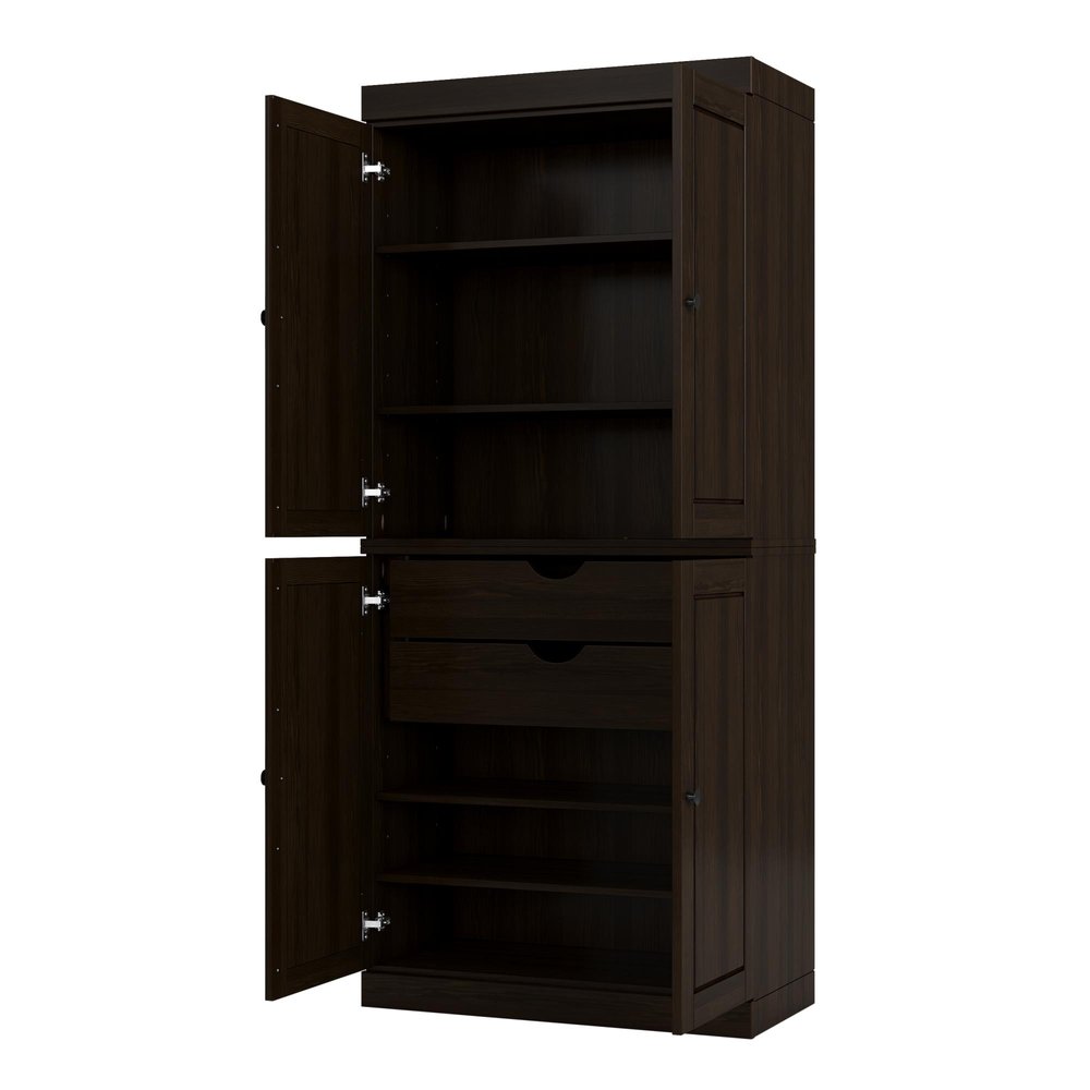 72" Espresso Solid Wood Four Door Two Drawer Pantry Or Storage Closet
