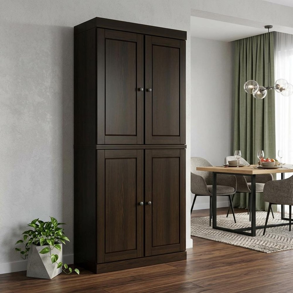 72" Espresso Solid Wood Four Door Two Drawer Pantry Or Storage Closet